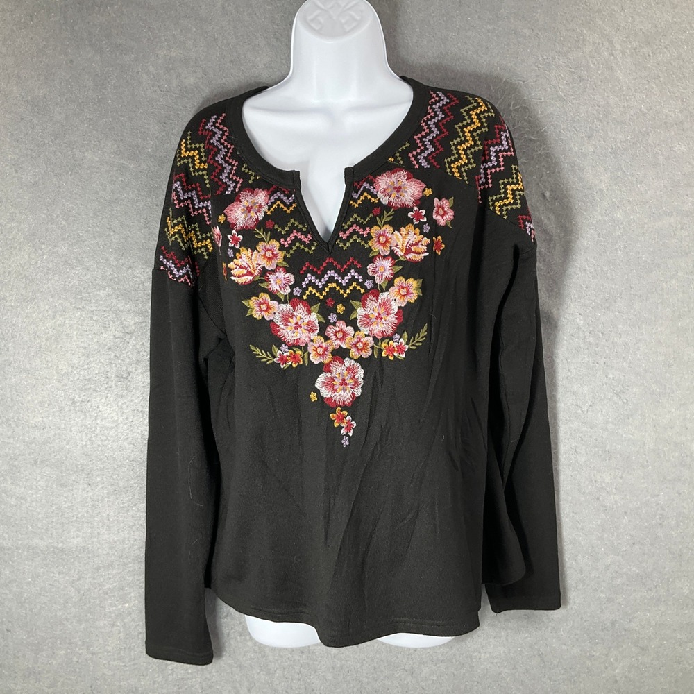 Savanna‎ Jane Embroidered Floral Long Sleeve Top Blouse Bohemian Black M